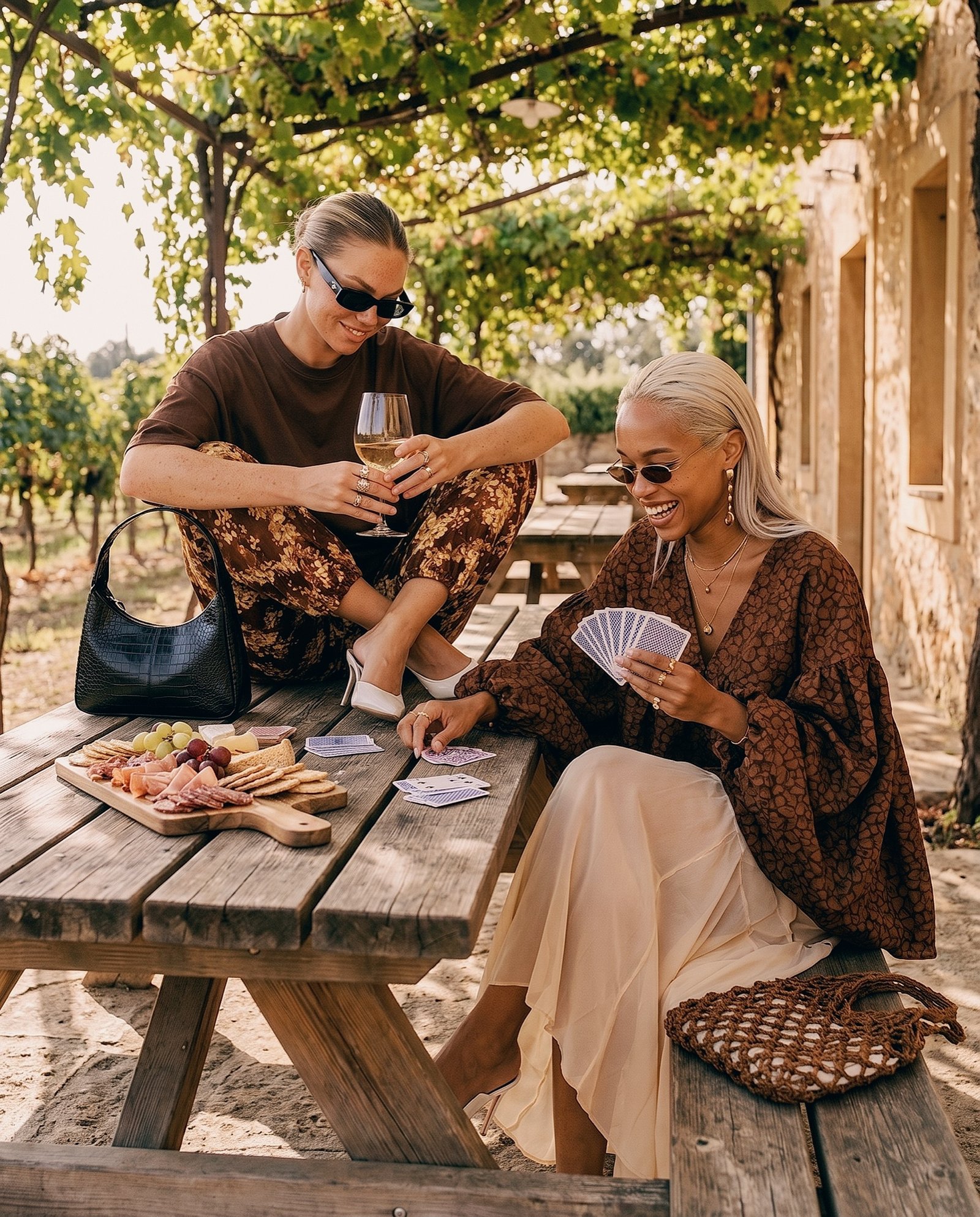 AI-generated lifestyle imagery, two women at a vineyard picnic table