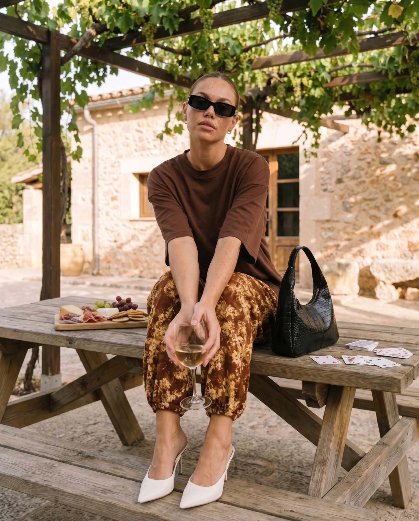 AI-generated editorial portrait, seated at a vineyard picnic table